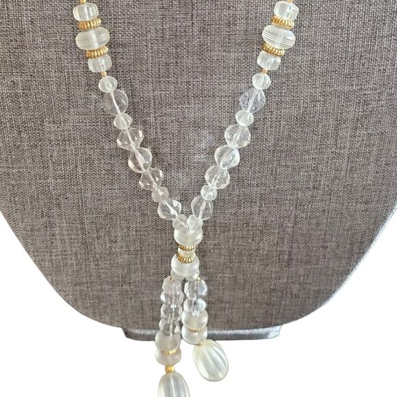 Vintage Lariat Clear and Golden Tone Frosted Lucite Beaded Necklace - Picture 1 of 9